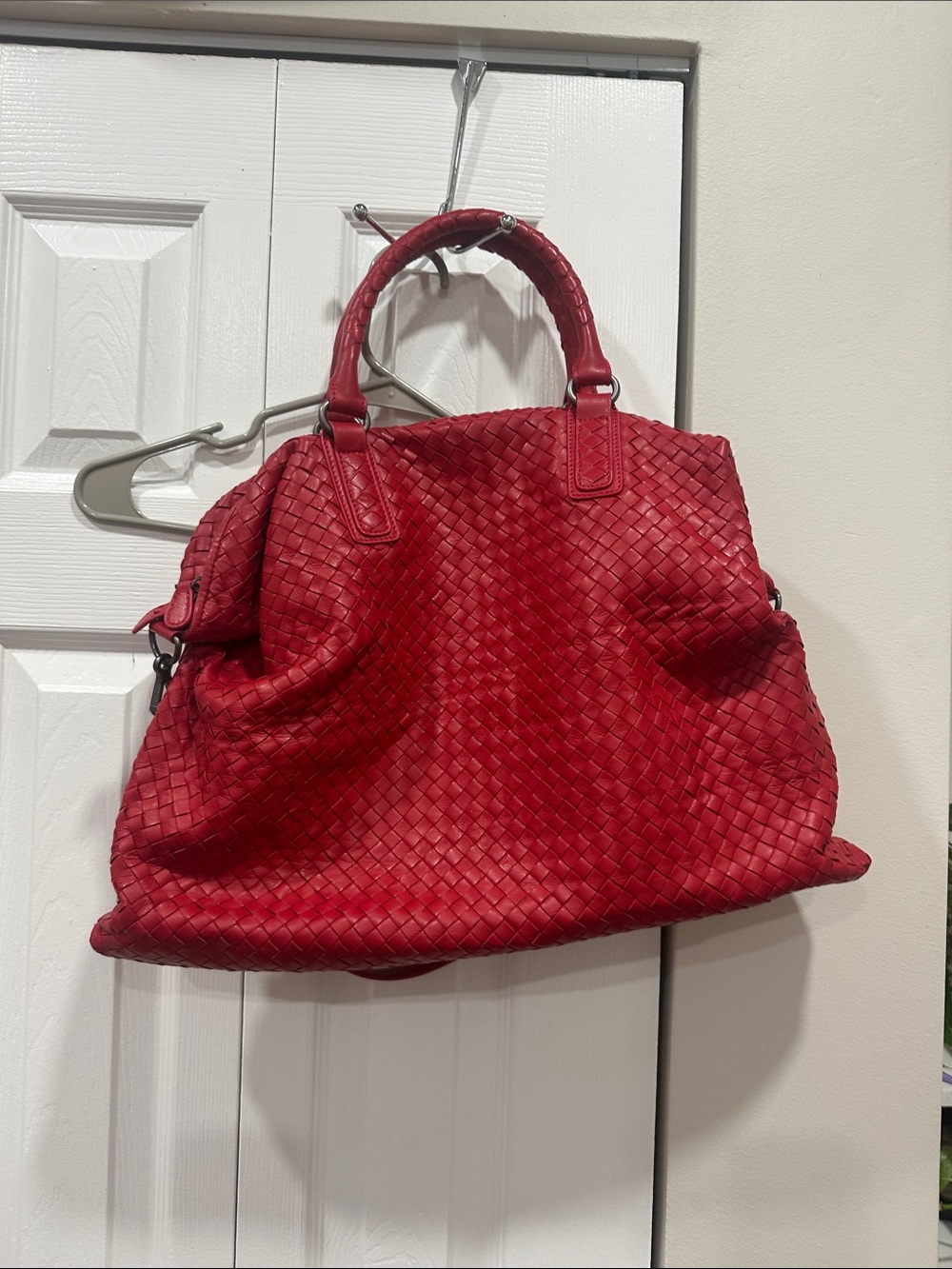 Red Woven Leather Top-Handle Tote